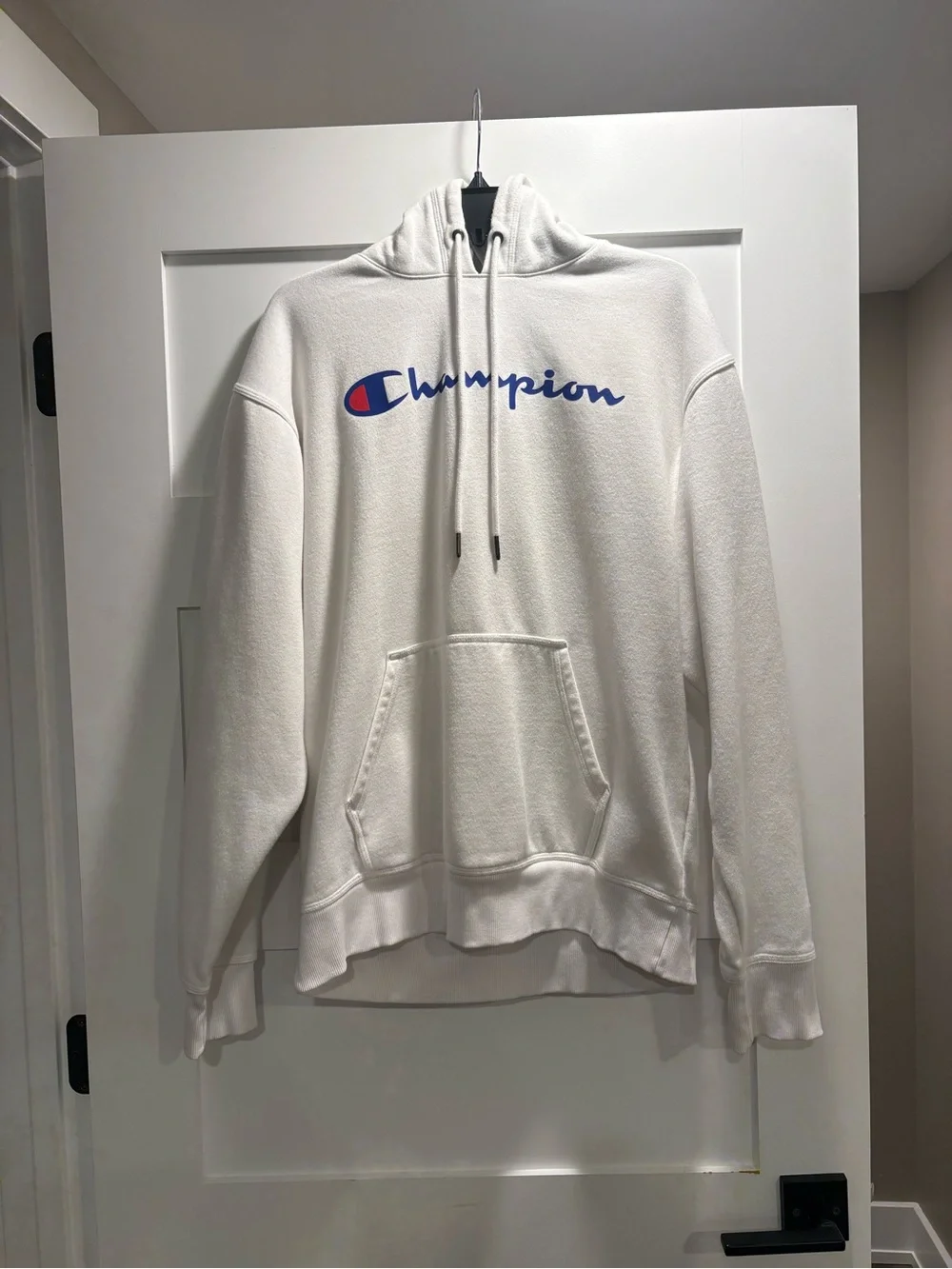 Champion White Hoodie with Blue & Red Script Logo